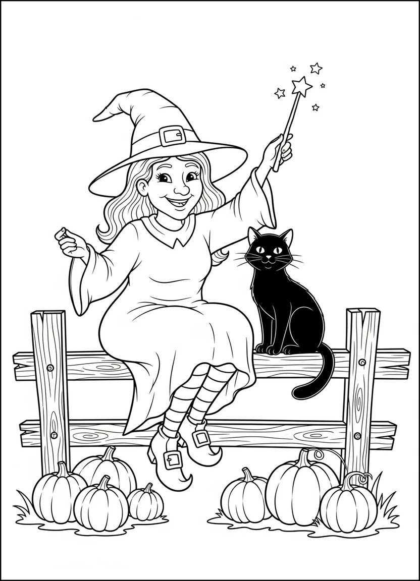 Witch with black cat and pumpkins coloring page
