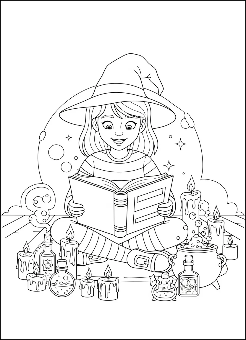 Young witch reading spell book coloring page